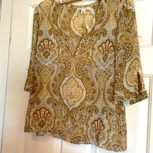 Banana Republic Silk boho print top, cream, blue and brown